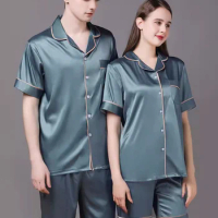 Summer Pure Silk Couple Pajama Sets Blue Short Matching Pajamas For Women And Men Plus Size Mulberry Silk Sleepwear Short Sets