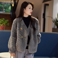 JESSICA - 時尚保暖寬鬆菱形格紋羊毛短版外套224ZCA（灰）