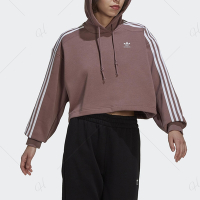 adidas 上衣 女款 長袖上衣 帽T 短版 運動 SHORT HOODIE 三葉草 紫 HN5885