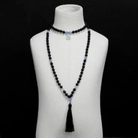 Matte Black Onyx &amp; Moonstone Knotted Beads 108 Mala Fashion Men's and Women's Necklace Blessing Charm Jewelry Friendship Gift