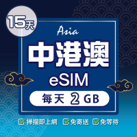 【環亞電訊】eSIM中港澳15天每天2GB(24H自動發貨 中國網卡 大陸 香港 澳門 中國聯通 免翻牆 免換卡 eSIM)