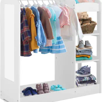 Kids Dress up Storage with Mirror, Clothes Rack, 3-Tier Shelves, Bottom Tray,Open Hanging Armoire Closet for Little Girls(White)