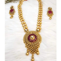 Kalung Panjang India Lengkap dengan anting2 ukiran&batu crystal kecil