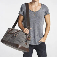 Canvas Travel Bag Men PU Leather Outdoor Luggage Travel Fitness Photography Bag Large Capacity Handbag Shoulder Backpack Male