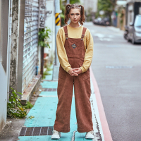 KANGOL 女 燈芯絨吊帶褲 長褲 黃色-6352157102