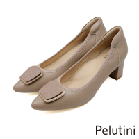 【Pelutini】方形波浪紋金屬釦環高跟鞋 杏色(333023W-BE)