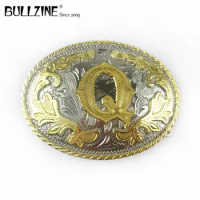 The Bullzine western flower with letter "Q" belt buckle with silver and gold finish FP-03702-Q for 4cm width snap on belt