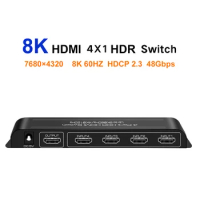 8K HDMI 2.1 Switcher 4 In 1 HDMI Switch 4x1 HDCP2.3 Auto Switch IR Control 4K120Hz HDR10+ VRR HLG HDR ALL Dolby Vision Atmos AC3