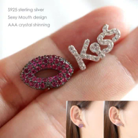 Fashion mouth lip kiss silver stud earrings for girls Cute 925 sterling silver earing with cubic zirconia crystal stone