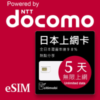 【citimobi】eSIM日本DOCOMO 5天吃到飽-2GB/日高速流量(日本網卡 吃到飽 日本 網卡 沖繩 大阪 北海道 eSIM)