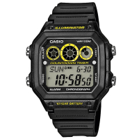 CASIO 10年電力亮眼設計方形數位錶(AE-1300WH-1A)-黑框x黃錶圈/42mm