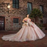 Princess Lace Ruffels Light Pink Quinceanera Dress 2024 Off The Shoulder Ball Gown Tulle Charro Mexican Dress vestido de 15