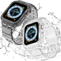 Clear Band + Case for Apple Watch Series 9 8 7 6 SE 5 49mm 45mm 44mm 41mm 42mm Transparent for Iwatch 38mm 40mm Plastic Strap