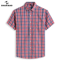 SHAN BAO Large Size Loose Cotton Short Sleeve Shirt 2022 Summer Classic Brand Men's Plaid Shirt Red Blue 5XL 6XL 7XL 8XL 10XL
