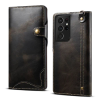 Genuine Cow Leather Wallet Case for Samsung Galaxy S21 Ultra Cover S21Ultra Pouch with Pocket and hand strap