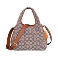 【COACH】COACH Lana 23滿版LOGO刺繡帆布搭牛皮手提斜背菜籃包(可可棕)