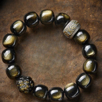 Bracelet Obsidian Twelve Zodiac Three-in-One Lucky Beads Carved Text Men Women Same Retro Buddha Beads Mid-Autumn Festival Gift