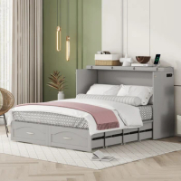 Queen Size Murphy Bed Wall Bed with drawer and a set of Sockets &amp; USB Ports, Pulley Structure Design, Comfortable,White/Gray