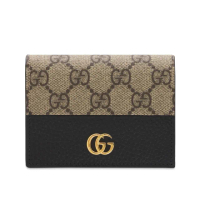 【GUCCI 古馳】GG Marmont 雙G LOGO牛皮拚帆布 皮夾 卡夾 短夾 米色 烏木色 黑色 658610