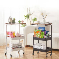 Rolling Utility Cart, Trolley Storage Rack with Wooden Top Table, Snack Cart with Wheels, Multifunctional Home Storage Organizer