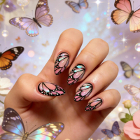 3D butterfly nail art, sparkling rainbow colors, Instagram style, handmade, designed by Thai artisan