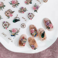 1 Sheet 5D Realistic Relief Punk Time Flies Clock Gear Key Rose Flowers Adhesive Nail Art Stickers Decals Manicure Charms Kits