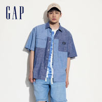 【GAP】男裝 純棉翻領短袖襯衫-藍色(463110)