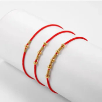 1pcs Pure Gold 999 Glossy Bead 3mm Red String Bracelet For Women Female DIY Couple Lover Black Rope Chain