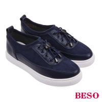 A.S.O 阿瘦集團 BESO質感復古彈力絨拼接牛皮休閒鞋(深藍色)