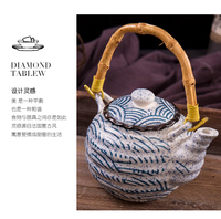 茶壺 日式陶瓷茶壺 750ml 手繪海浪茶壺 泡茶器 提梁單壺 高溫壺 和風手提壺