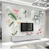 新中式電視背景墻布家用客廳荷花九魚圖壁畫家和富貴壁紙影視墻