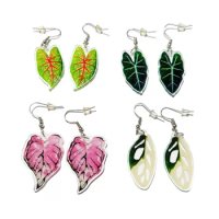 Creative Love Heart Pink Green Acrylic Leaves Earrings Women Personality Caladium Monstera Leaf Plant Drop Earring Party Jewelry