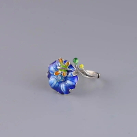 燒藍戒指女鍍S925銀復古中式花開富貴時尚氣質開口景泰藍蜻蜓指環