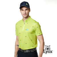 【Lynx Golf】男款冰涼舒適合身版高爾夫小山貓印花短袖立領POLO衫-亮黃色