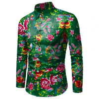 Fashion Floral Mens shirts Long sleeve Plus size M~5XL 6XL 7XL 8XL flower shirt men black white red blue men shirt