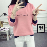 韓版 大學T 羅紋 束口 領口 假二件 拼接 字母 T恤 加厚 保暖  長袖 棉T  寬鬆 上衣