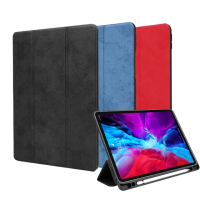 【VXTRA】2020 iPad Pro 12.9吋 帆布紋 筆槽矽膠軟邊三折保護平板皮套