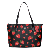 COACH黑底滿版草莓圖印後拉鍊袋肩背托特包