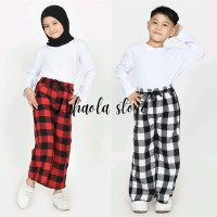 Celana Panjang Tartan Flanel Anak 1-13 Tahun Unisex Longgar Kotak-kotak Biru Cewe Cowo Merah