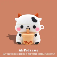 3D Cartoon Cow Earphone Case For AirPods1 2 3 Cute Cattle Drinking Milk Tea iPhone Headset Cover For Air Pods Pro Silicone Shell
