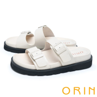【ORIN】寬版雙帶釦牛皮平底拖鞋(米白)