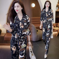 Women's Fashion Wide Leg Pants Suit 2023 Spring Summer New Slim Seven-point Long Sleeve Printed Top And Trousers 2 Two Piece Set
