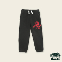 【Roots】Roots小童-經典小木屋系列 大R格紋貼布休閒棉褲(黑色)