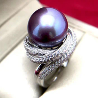 Large particle 10-11mm natural freshwater pearl ring with round purple color S925 Silver Seawater Nanyang