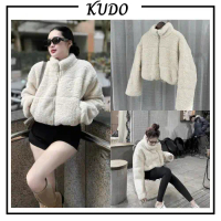 [Được đánh giá cao] Áo khoác lông mềm basic dáng ngắn tay dài kéo khóa màu trắng trơn dày dặn ấm áp 