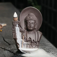 1pc Ceramics Waterfall Incense Burner, Backflow Incense Burner Bodhisattva Buddha Statue Lucky Feng Shui Decor (Without Incense)