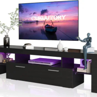 Clikuutory Modern LED 63 inch TV Stand with Large Storage Drawer for 40 50 55 60 65 70 75 Inch TVs, Black Wood TV Console