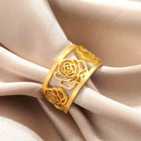 My Shape Rose Flower Rings for Women Girls Stainless Steel Hollow Rose Finger Ring Delicate Fashion Jewelry Wedding Engagement