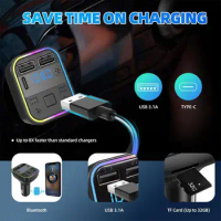 Car Bluetooth 5.0 FM Transmitter Type-C Dual USB 3.1A Light Colorful Handsfree Ambient Charger Modulator Fast Player MP3 P4A0
