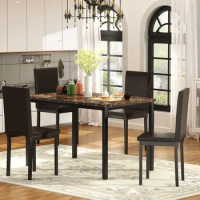 5 Pieces Dining Set Kitchen Table Set with Marble Top, 4 Durable black faux leather upholstery Chairs Perfect for Kitchen